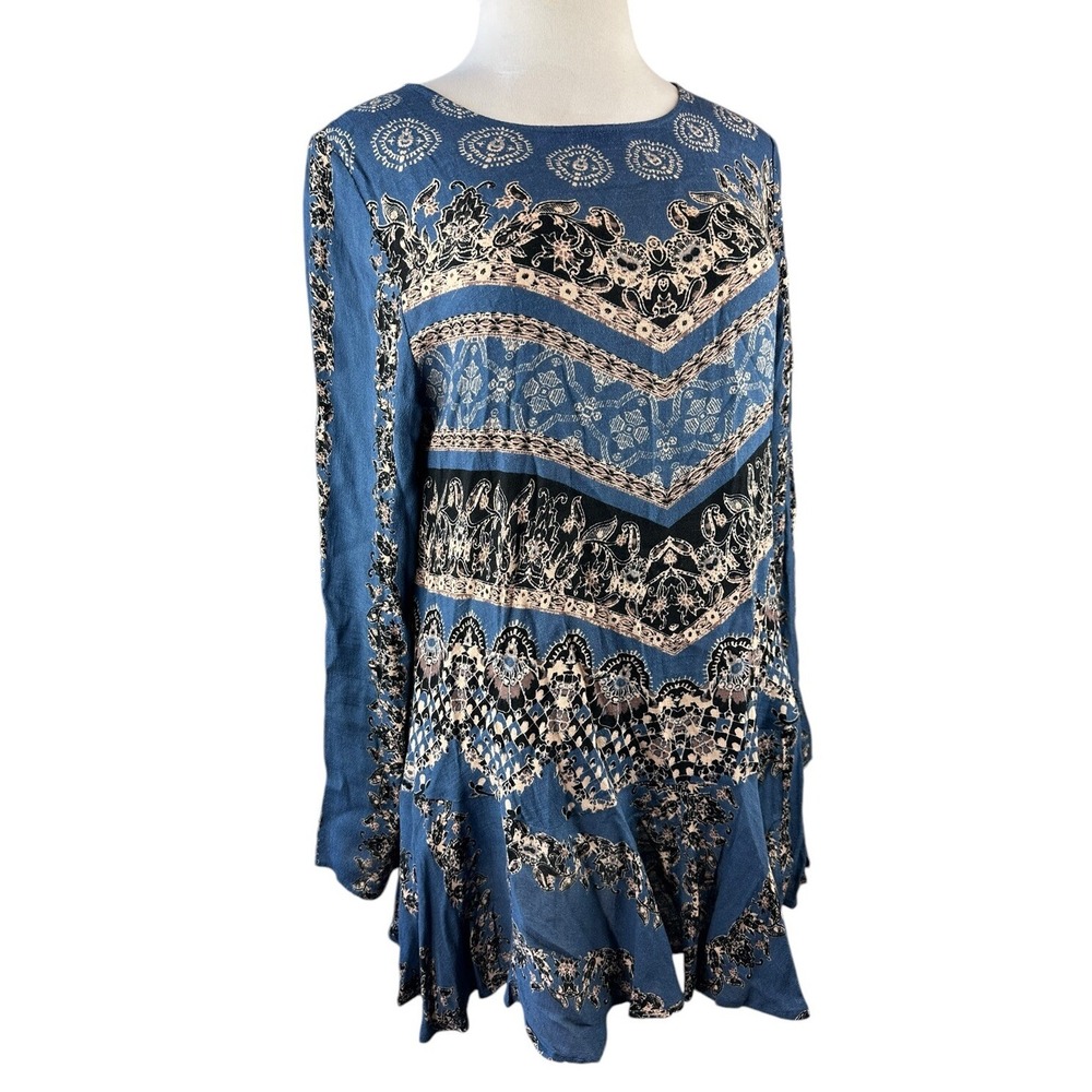 Free People Smooth Talker Tunic Mini Dress Geometric Boho Festival LS Blue Large - Picture 2 of 16